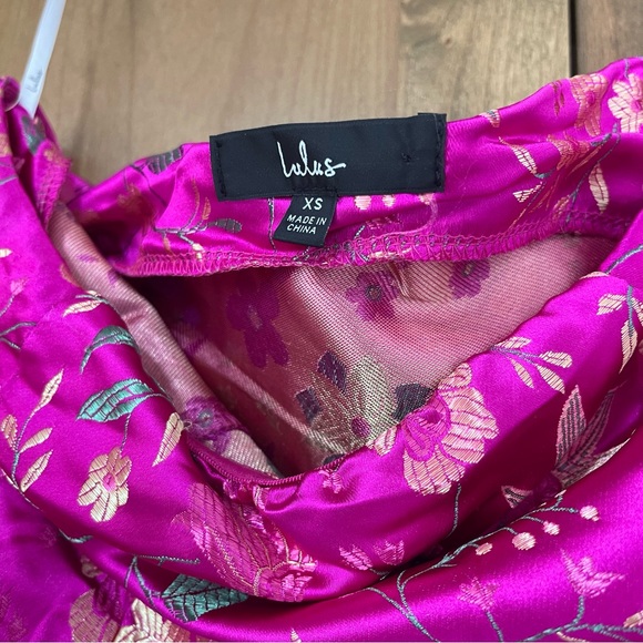 Lulus Make a Move Magenta Satin Floral Jacquard Strapless Midi Dress - Picture 5 of 7